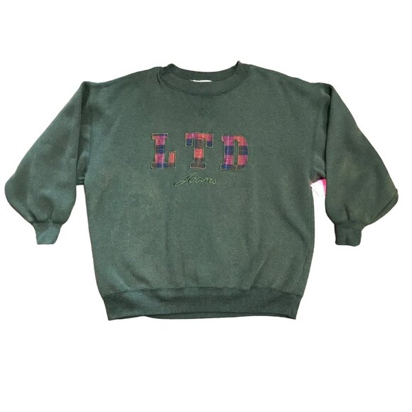 Vtg Limited Jeans Pullover Sweatshirt M Green Embroidered Plaid Logo y2K 90s - Picture 10 of 10